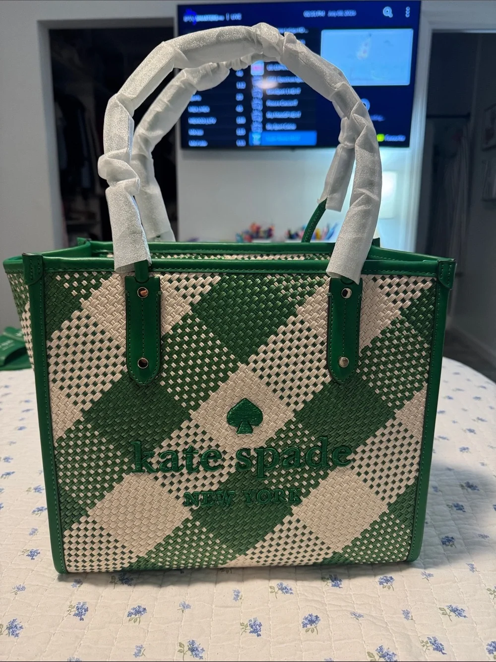 kate spade Green and White Woven Checker Large Tote